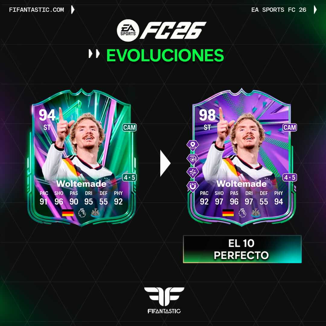 mejores futbolistas Evolución El 10 perfecto FC 26, mejores opciones El 10 perfecto Ultimate Team, Cherki Fenómeno Evolución El 10 perfecto, Woltemade Cazadores de Gloria Evolución, Neymar Camino a las Naciones Evolución FC 26, Ronaldinho Icono de Invierno Evolución FC 26, Messi Balón de Oro Evolución FC 26
