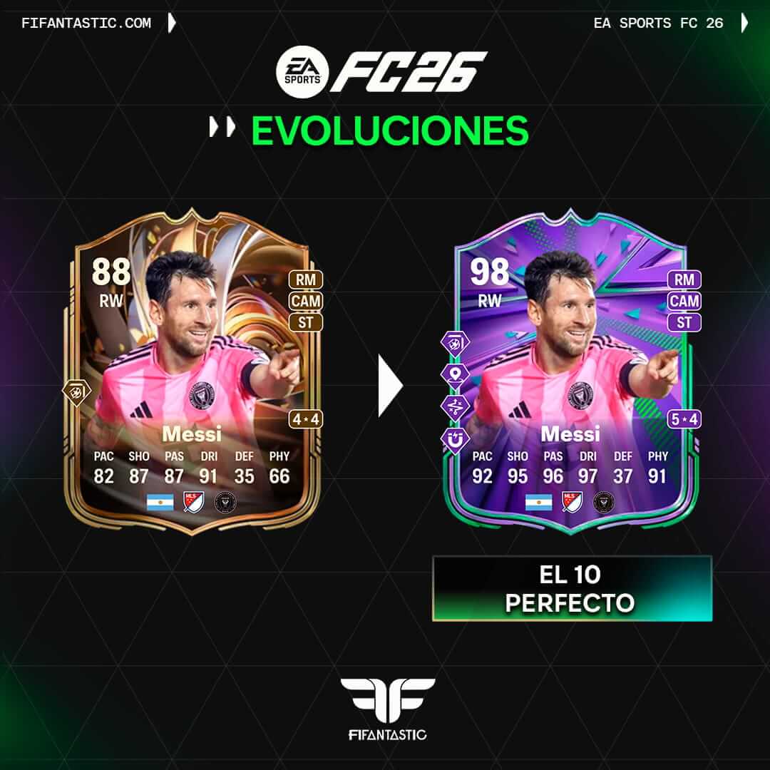 mejores futbolistas Evolución El 10 perfecto FC 26, mejores opciones El 10 perfecto Ultimate Team, Cherki Fenómeno Evolución El 10 perfecto, Woltemade Cazadores de Gloria Evolución, Neymar Camino a las Naciones Evolución FC 26, Ronaldinho Icono de Invierno Evolución FC 26, Messi Balón de Oro Evolución FC 26